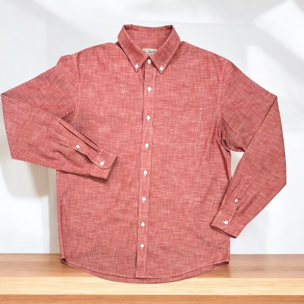 LL Bean Pale Sienna Cotton Button Down Traditional Fit Chambray‎ Shirt